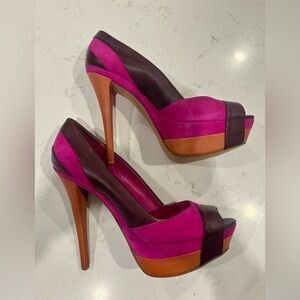 Jessica Simpson Peep-toe Platform Suede Maroon & Pink Stiletto Heels size 9